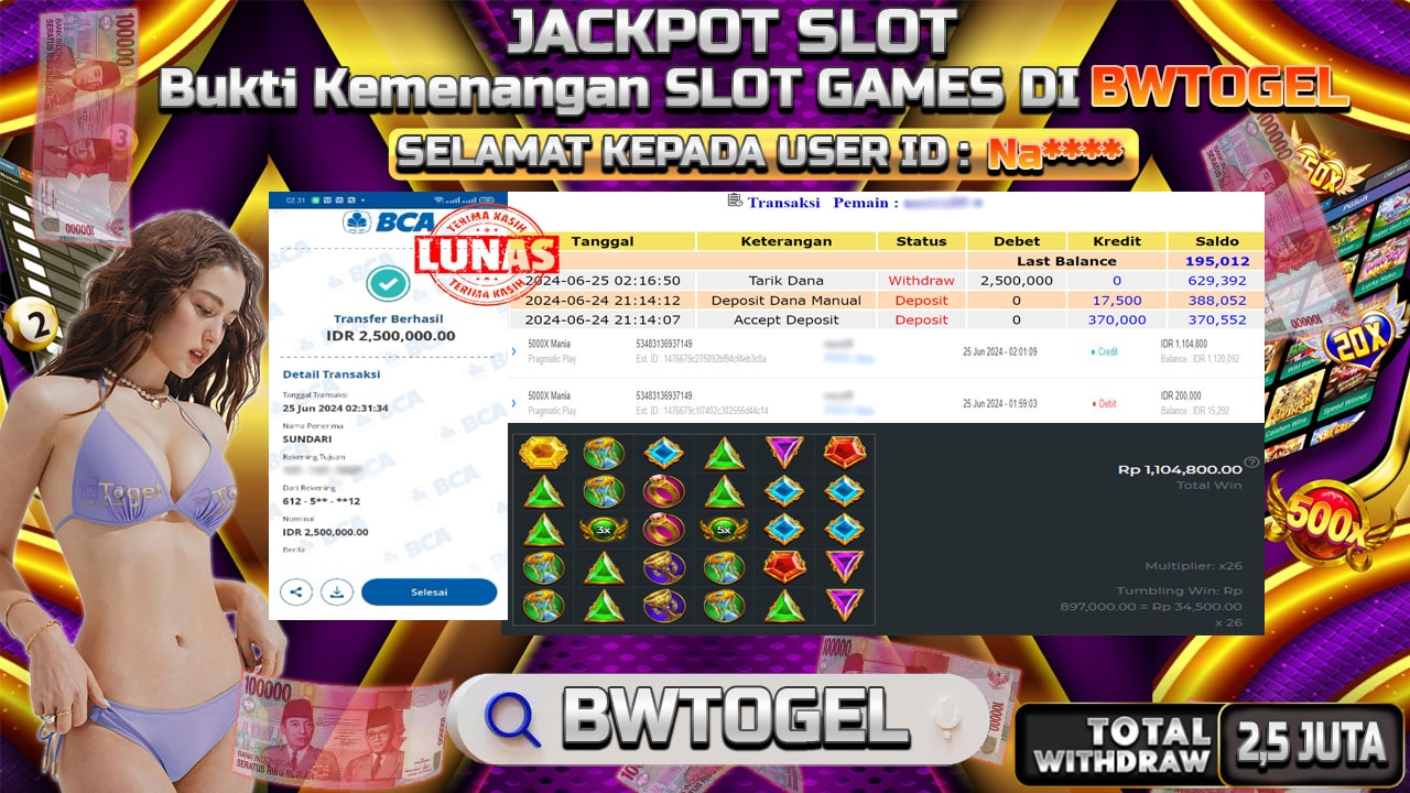 BUKTI JACKPOT SLOT 5000X MANIA TERPERCAYA DI INDONESIA TGL 25-06-2024