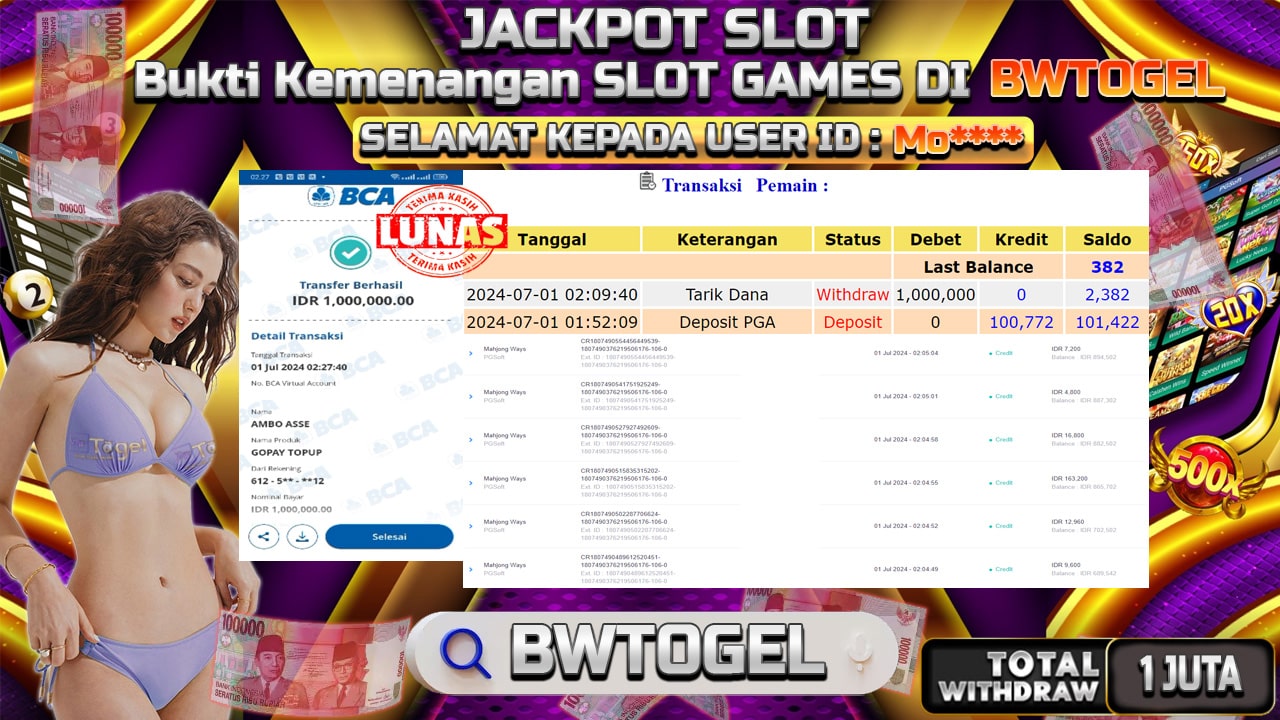 BUKTI JACKPOT SLOT MAHJONG WAYS TERPERCAYA DI INDONESIA TGL 01-07-2024